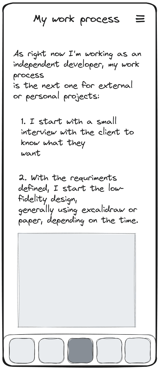 Example 4 low-fidelity prototype. My work process page of this portfolio mobile screen version