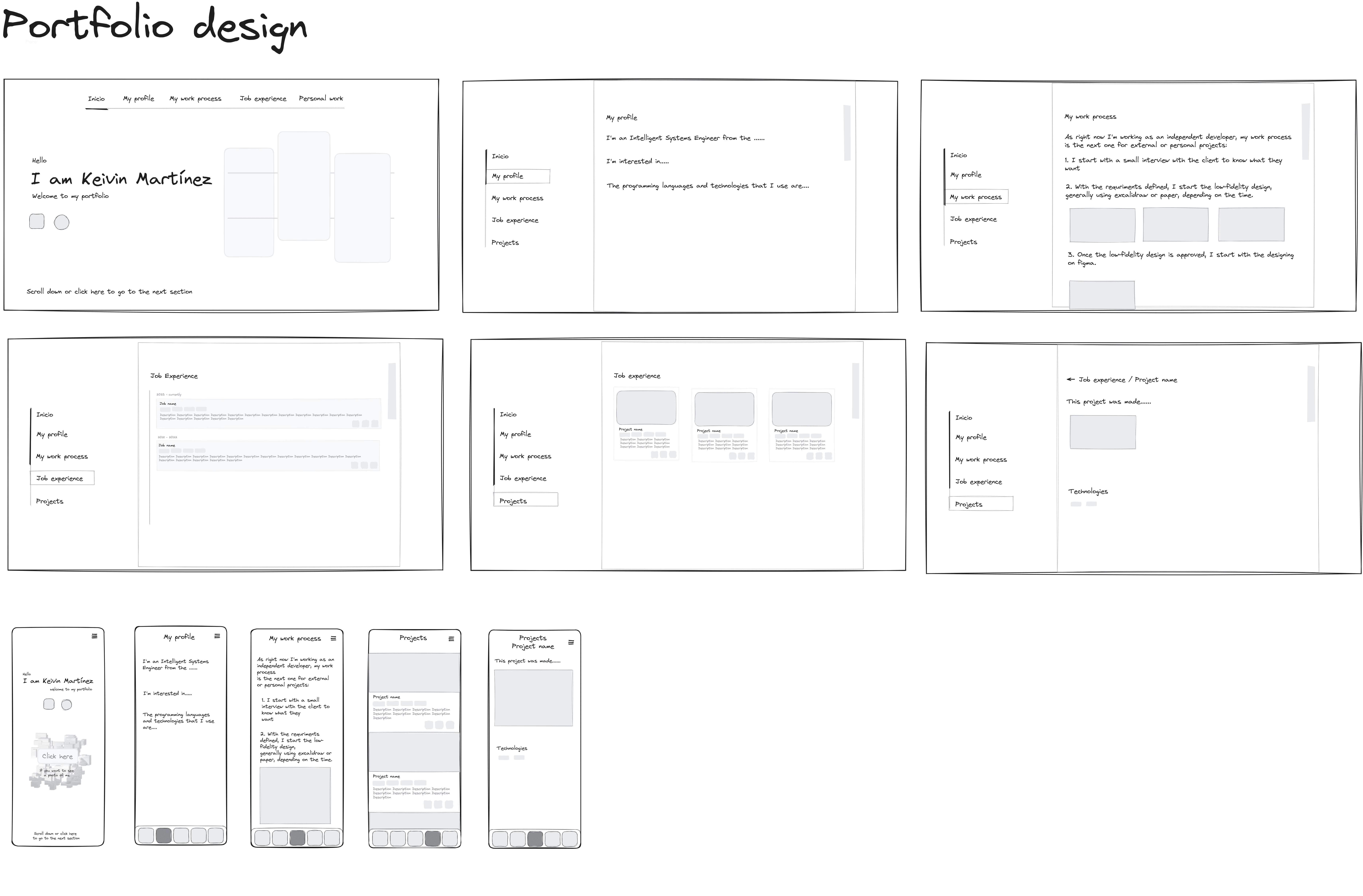 Main example of a low-fidelity prototype made in Excalidraw. Full Low-fidelity prototype of this portfolio